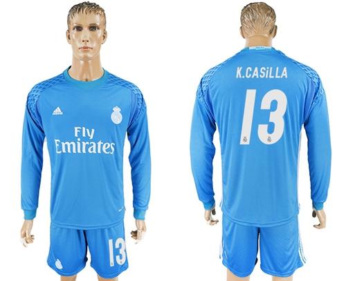 Real Madrid #13 K.Casilla Sky Blue Goalkeeper Long Sleeves Soccer Club Jersey